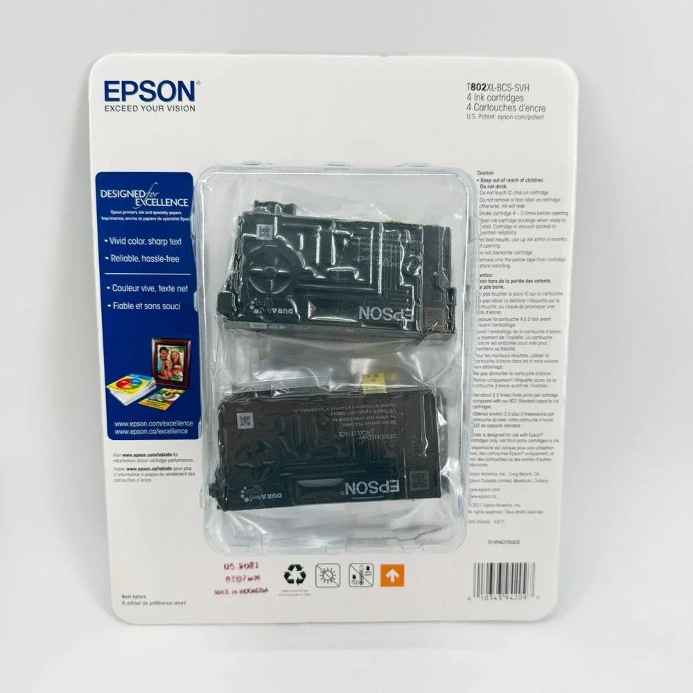 Epson 802XL Black & Epson 802 Cyan Magenta Yellow Ink Set Exp 5/2021, New Sealed